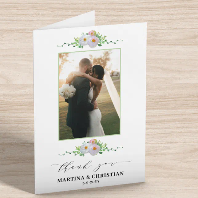 Floral Photo Wedding Folded Thank You Card | Zazzle