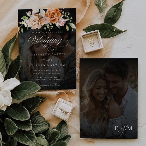 Floral Photo Wedding Orange and Blush Pink Invitation