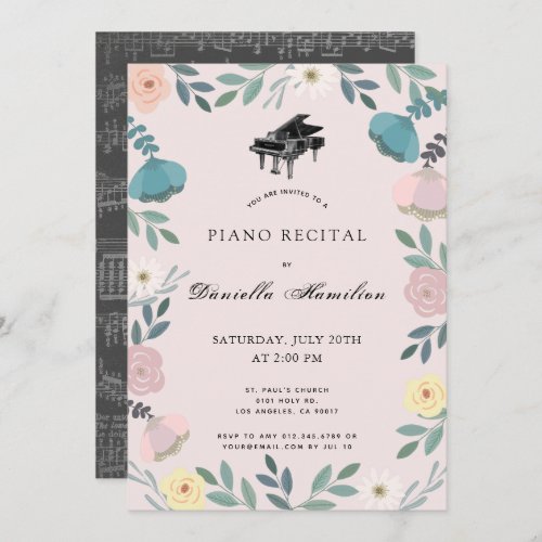 Floral Piano Pink Recital Invitation