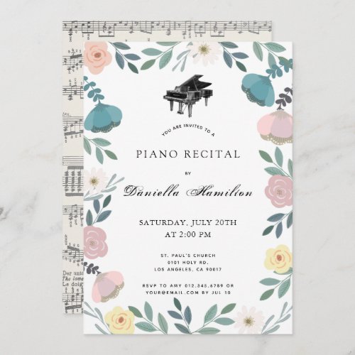 Floral Piano White Recital Invitation