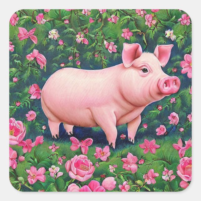Floral Pig Square Sticker (Front)