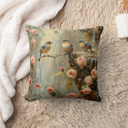 Floral Pillow with Roses Waterfall Birds Throw