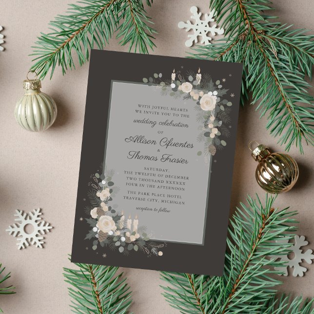 Floral Pine Holiday Candle Christmas Wedding Invitation (Creator Uploaded)