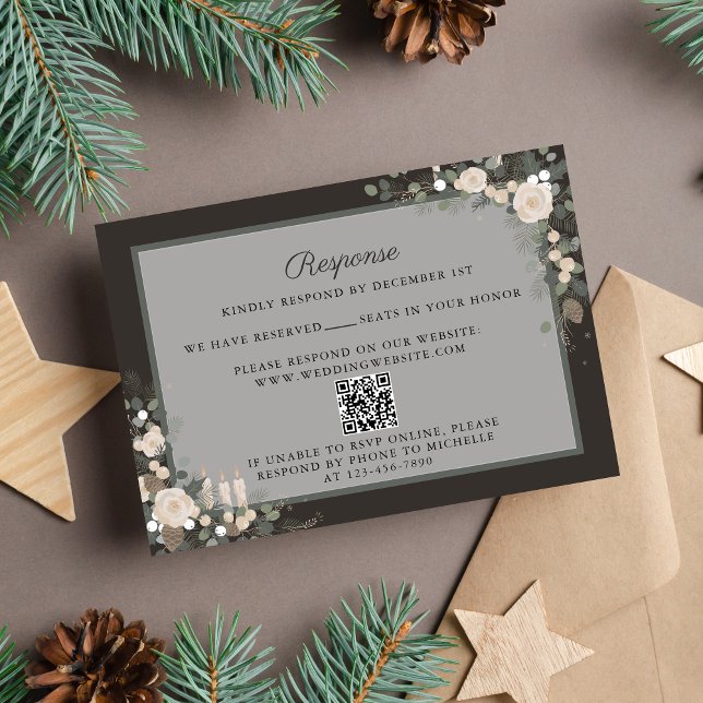 Floral Pine Holiday Winter Website Wedding RSVP Card (Creator Uploaded)