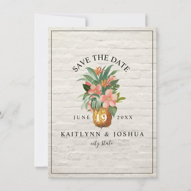 Floral Pineapple Brick Beach Photo Wedding Save The Date (Front)