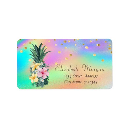 Floral Pineapple Confetti Colorful Holographic  Label