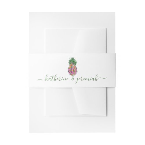 Floral Pineapple Exotic Summer Watercolor Wedding Invitation Belly Band