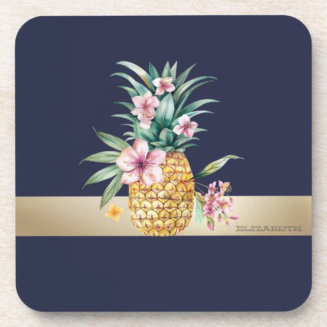 Floral Pineapple,Gold Stripe Beverage Coaster (Front)