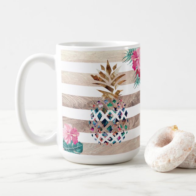 Floral Pineapple gold striped Coffee Mug (With Donut)