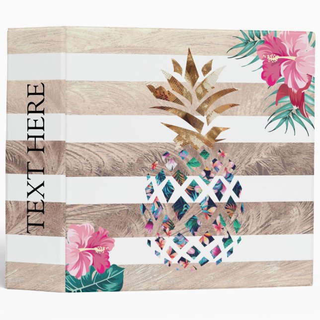 Floral Pineapple striped customizable 3 Ring Binder (Front/Spine)