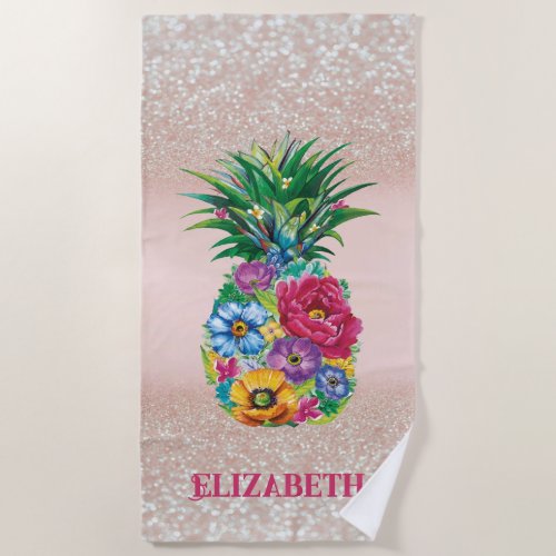 Floral Pineapple Tropical Glitter Bokeh Beach Towel