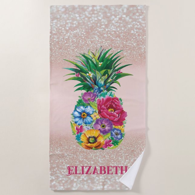 Floral Pineapple Tropical Glitter Bokeh Beach Towel (Front)