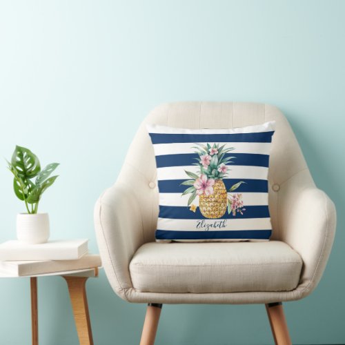 Floral Pineapple TropicalNavy Blue Striped   Throw Pillow