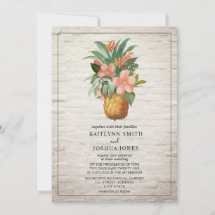 Floral Pineapple White Brick Tropical Wedding Invitation