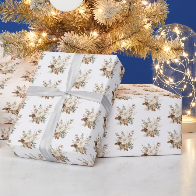Floral Pinecone Watercolor Christmas  Wrapping Paper (Holidays)