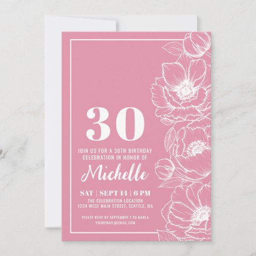 Floral Pink 30th Birthday Invitation | Zazzle