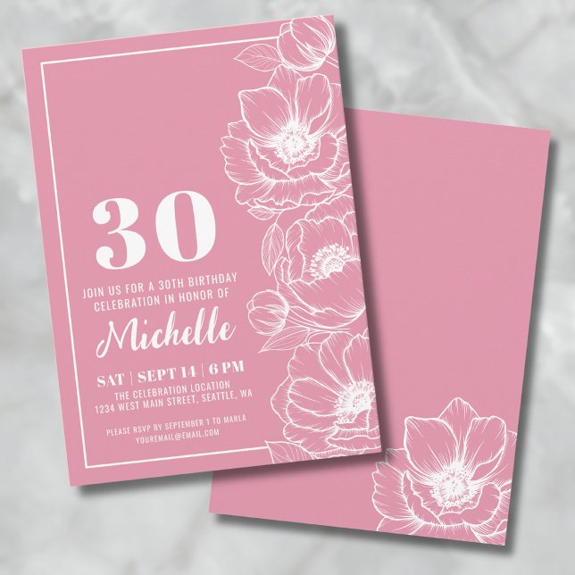 Floral Pink 30th Birthday Invitation (Floral Pink 30th Birthday Invitation)