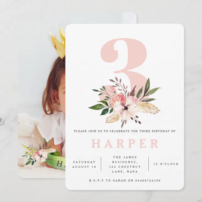 floral pink 3rd birthday party photo invitation | Zazzle