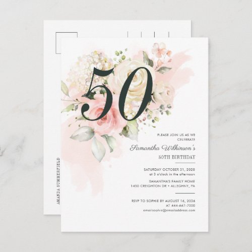 Floral Pink 50th Birthday Botanical Party Invitation Postcard