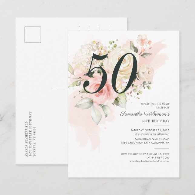 Floral Pink 50th Birthday Botanical Party Invitation Postcard (Front/Back)