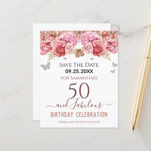 Floral Pink 50th Birthday Save the Date