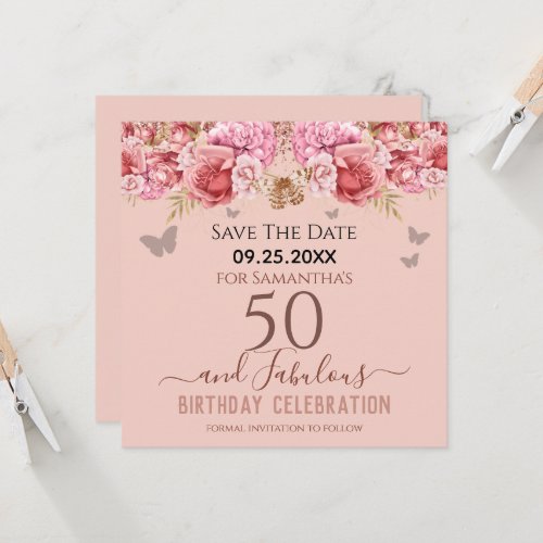 Floral Pink 50th Birthday Save the Date