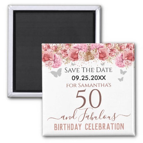 Floral Pink 50th Birthday Save the Date Magnet