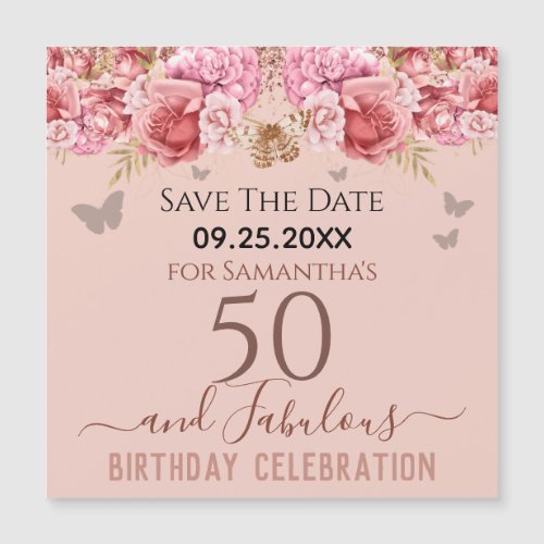 Floral Pink 50th Birthday Save the Date Magnet