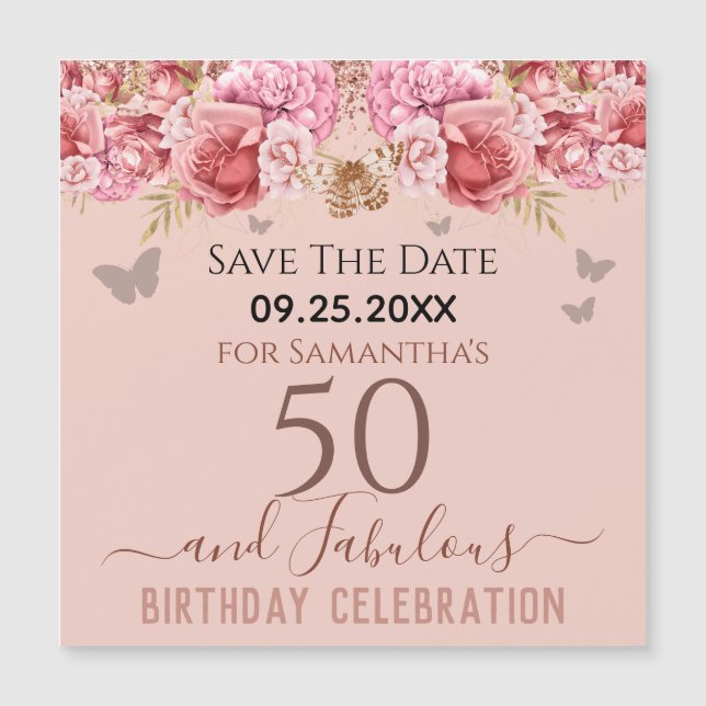 Floral Pink 50th Birthday Save the Date Magnet (Front)