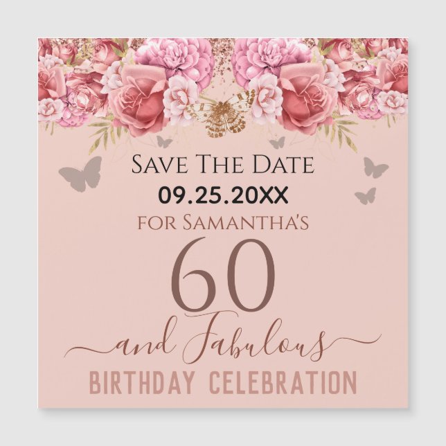 Floral Pink 60th Birthday Save the Date Magnet (Front)