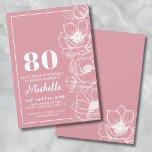 Floral Pink 80th Birthday Invitation<br><div class="desc">Introducing a chic and elegant 80th birthday party invitation, perfect for celebrating eighty years old in style. The design features a deeper pink background, almost like a rose gold color, with delicate anemone flower line art running down the right side. While these are anemone flowers, they can pull off a...</div>