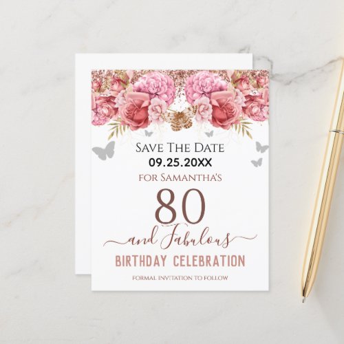Floral Pink 80th Birthday Save the Date