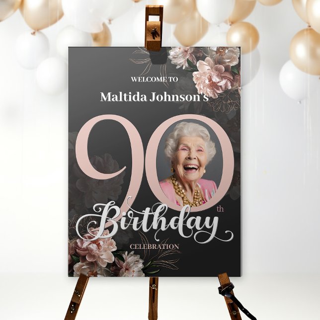 Floral Pink 90th Birthday Elegant Custom Photo Foam Board (Mockup View)