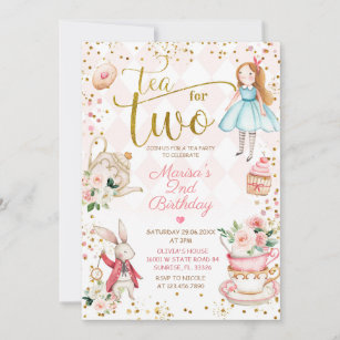Floral Pink Alice Tea for Two Birthday Party  Invitation