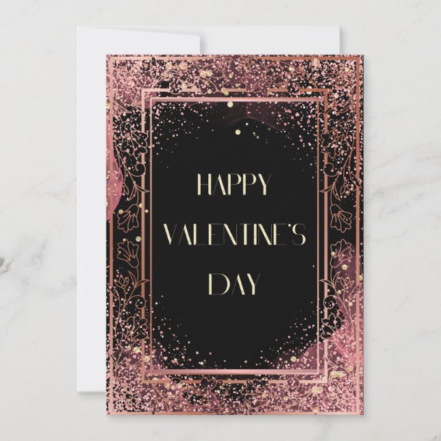 Floral Pink And Black Glitter Valentine's Day Card (Front)