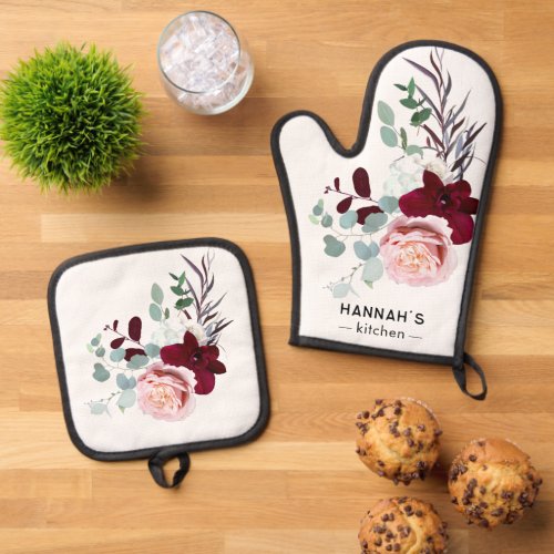 Floral Pink and Burgundy Bloom Personalized Oven Mitt  Pot Holder Set