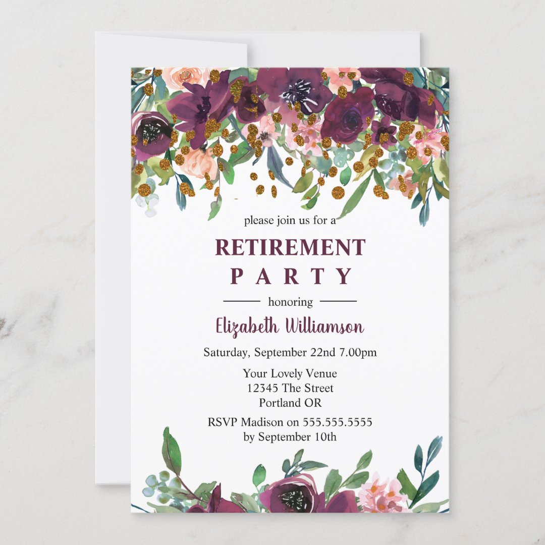 Floral Pink and Burgundy Retirement Party Invitation | Zazzle