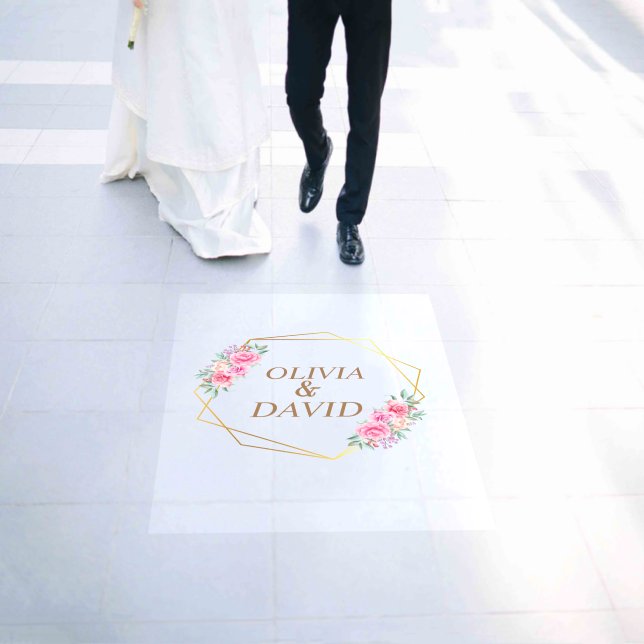 Floral Pink and Faux Gold Script | Photo Wedding  Floor Decals (Wedding)