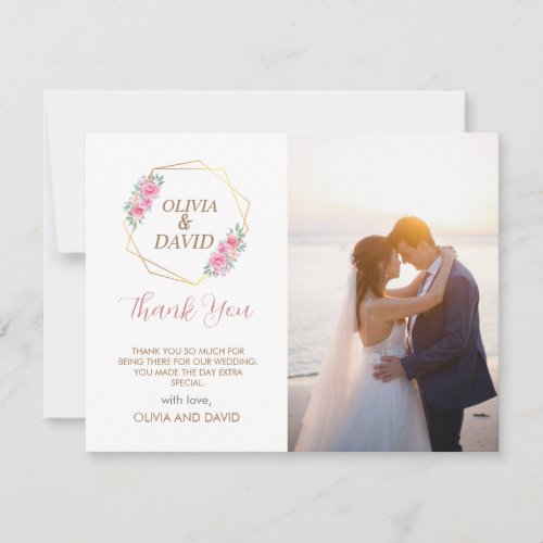 Floral Pink and Faux Gold Script  Photo Wedding Thank You Card