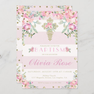 floral pink and gold baptism invitation for a girl