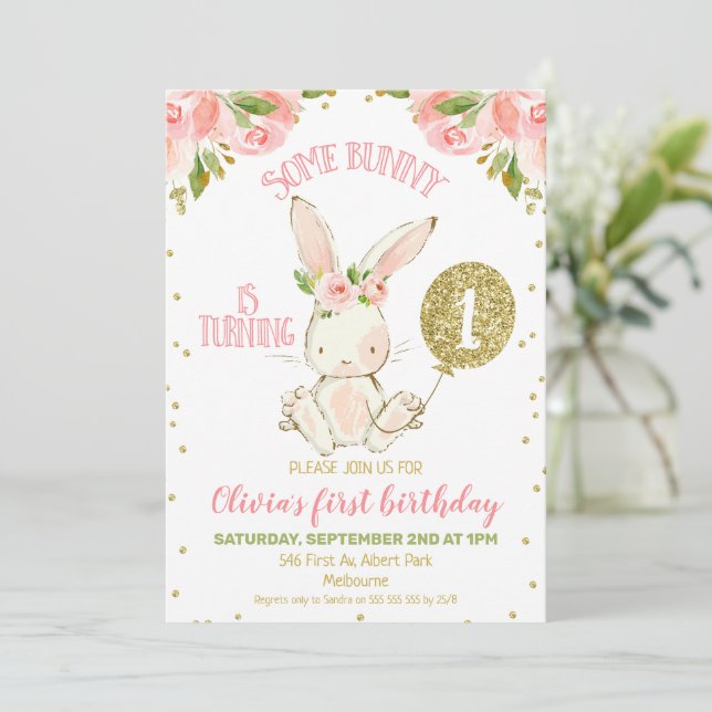 Floral Pink and Gold Bunny 1st Birthday Invitation (Standing Front)