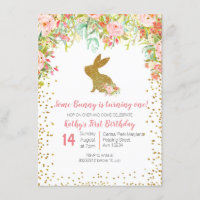 Floral Pink and Gold Bunny Birthday Floral Invitation