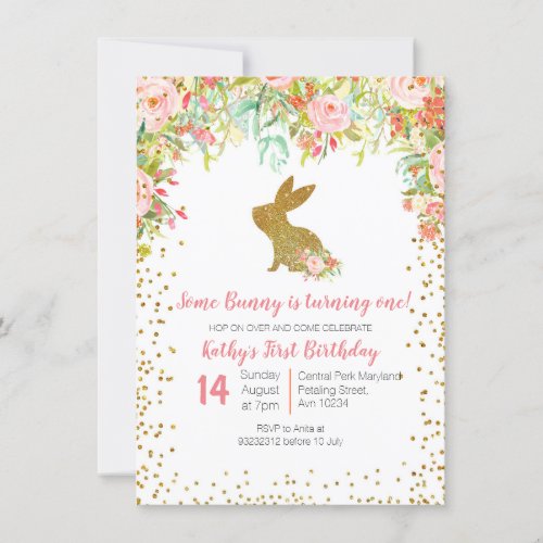Floral Pink and Gold Bunny Birthday Floral Invitation