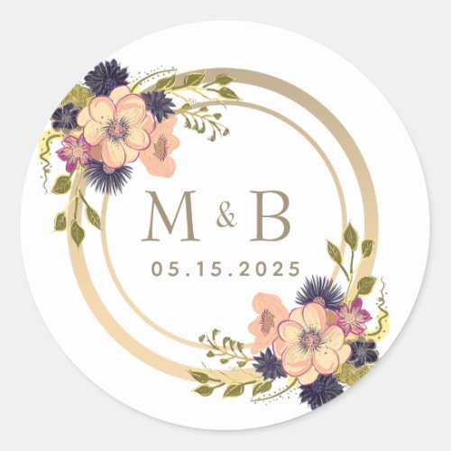 Floral Pink and Gold Monogram Wedding Classic Round Sticker