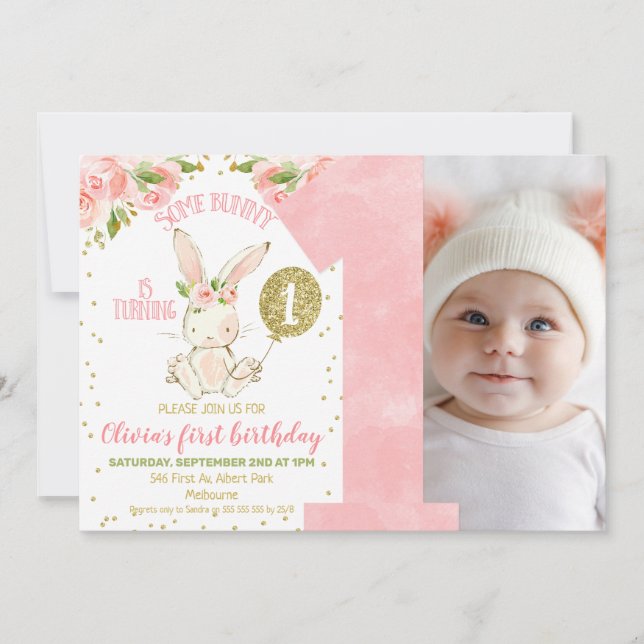 Floral Pink and Gold Photo Bunny 1st Birthday Invitation (Front)