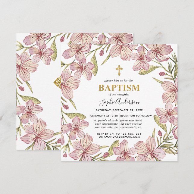 Floral Pink And Gold Wreath Girl Baptism Invitation (Front/Back)