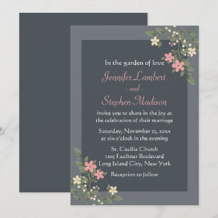 Floral Pink And Gray Flowers Grey Country Wedding Invitation