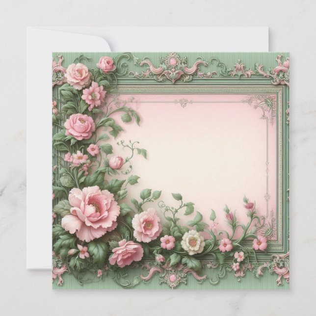 Floral Pink and Green Blank Card Template (Front)