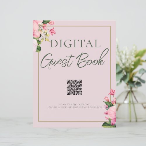 Floral Pink and Green Guest Book QR Code Sign
