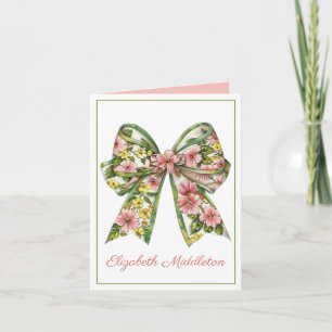 Floral Pink and Green Watercolor Bow Personalized Note Card